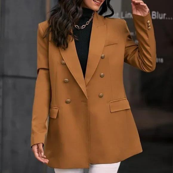 Khaki Elegant Women's Double Breasted Flap Detail Blazer Workwear - Picture 4 of 6